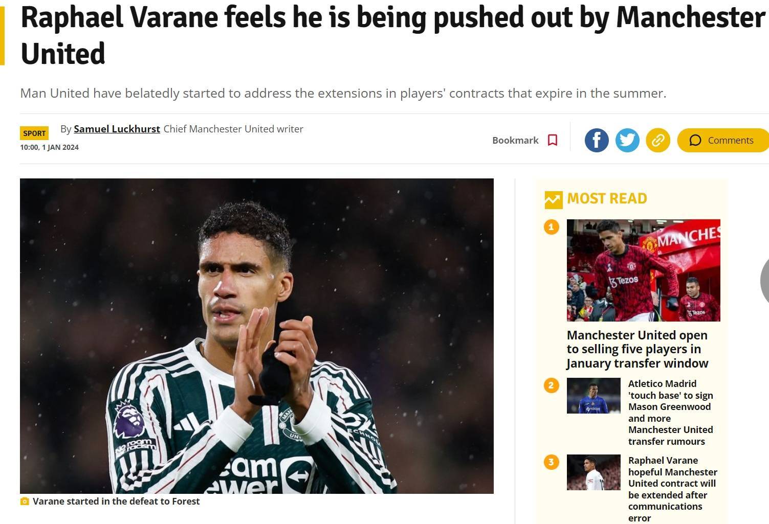 曼晚：瓦拉内感到自己正在被赶出曼联，他对球队糟糕表现不以为然